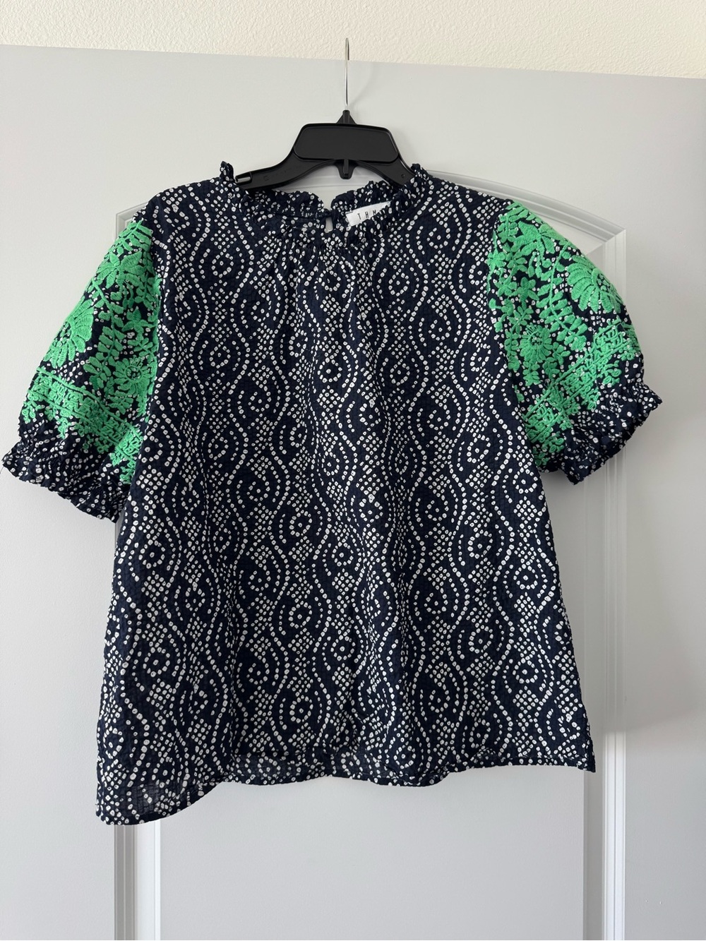 THML Navy Printed Ruffle-Neck Blouse with Green Floral Embroidered Puff Sleeves